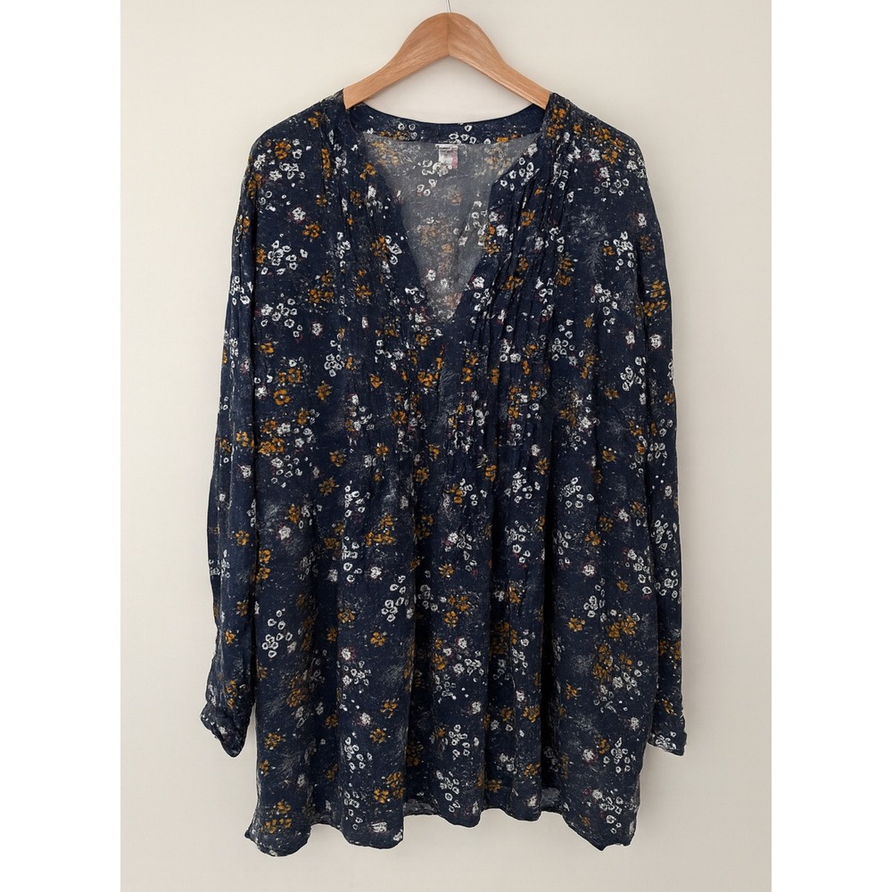 Old Navy sz XXL Womens Blue Floral Long Sleeve V-Neck Flowy Pin Tuck Blouse Boho